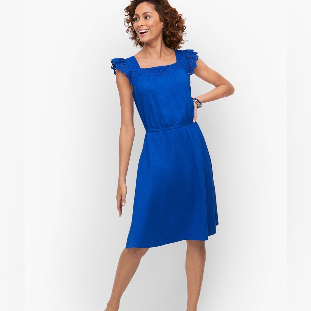 NWT Talbots Blue Eyelet Slub Knit Fit and Flare Dress Size L Summer Romantic
